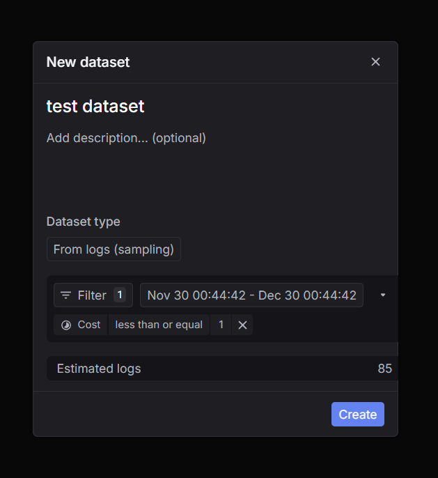 Dataset from logs configuration showing filters, time range, and sampling percentage