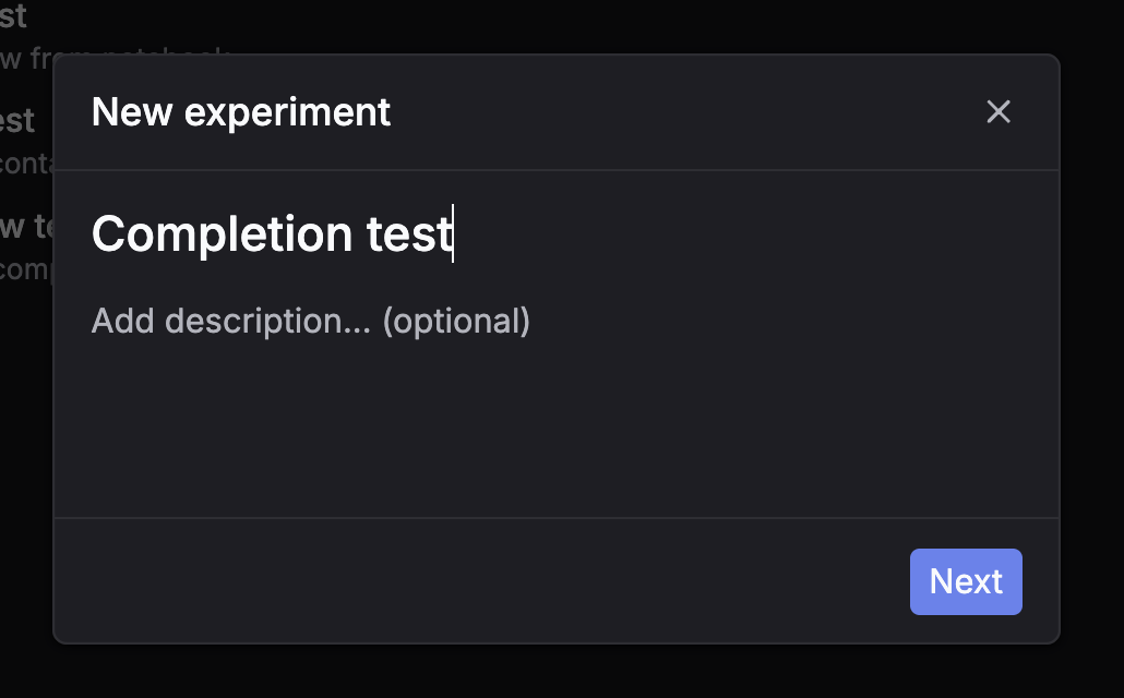 Experiments page with New experiment button