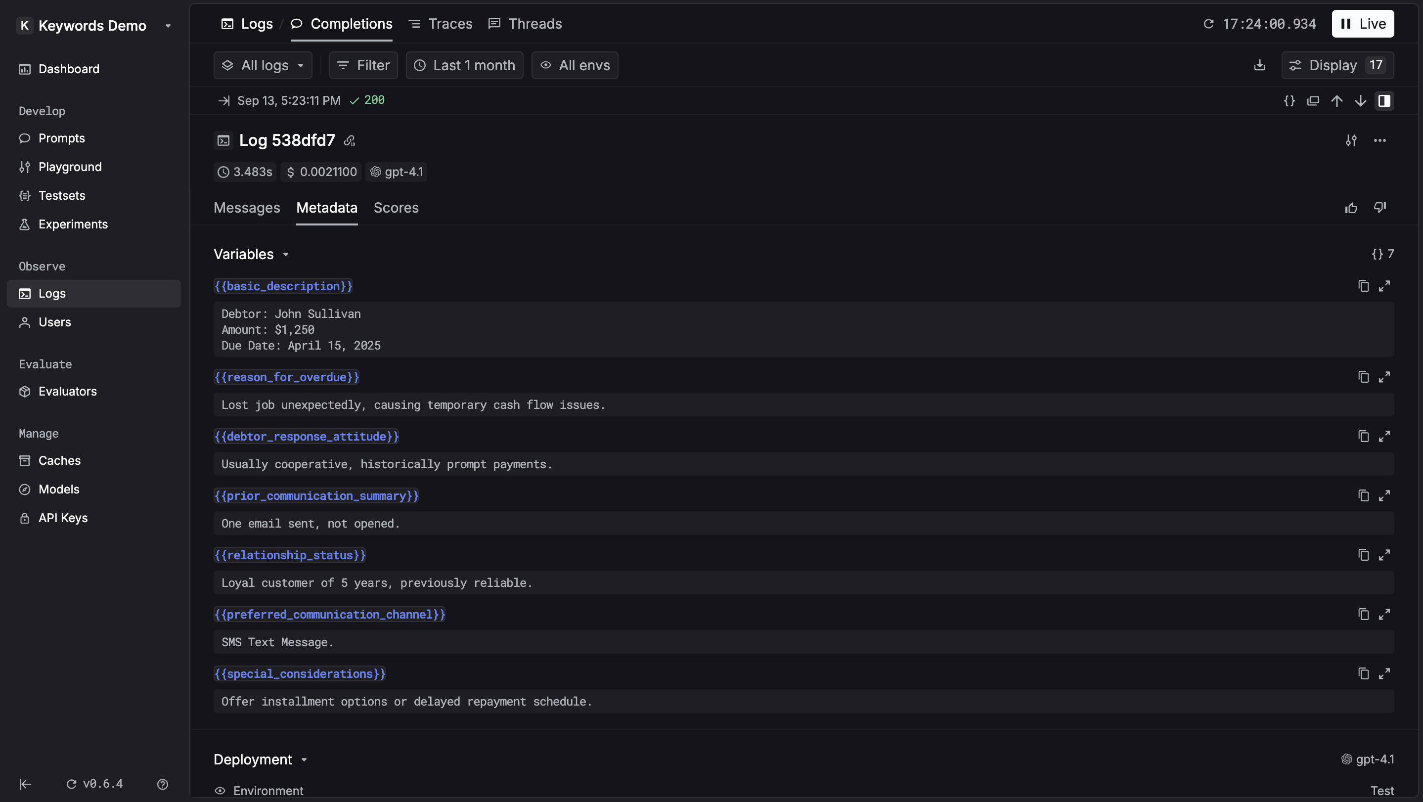 Prompt variables in logs