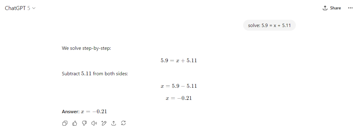 Comparison showing GPT-5's performance on different math problems